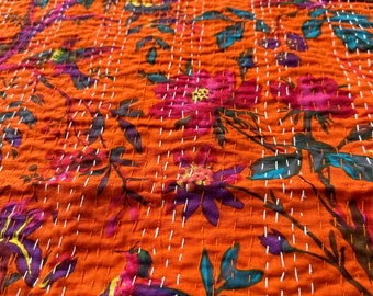 Orange Indian Handmade Kantha Bedspread Twin Queen Size Cotton Throw Blanket Bed Cover Quilting Boho Bedding Quilted Bohemian Bedsheets