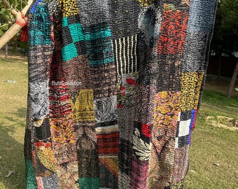 Bohemian Kantha Quilt: Vintage Patchwork Bedspread, King Size