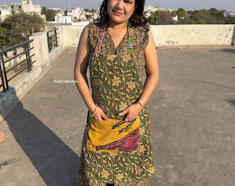 Vintage Kantha Apron – Handmade Patchwork Apron, Upcycled Sari Cotton Apron, Boho Kitchen Apron, Reversible Cooking Apron