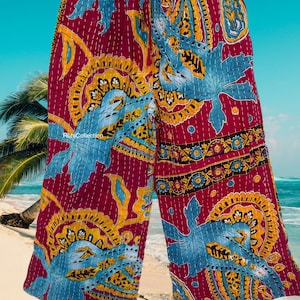 Comfort Fit Vintage Kantha Lounge Hose mit Pink & Gelbem Blumenmuster | Loungewear | Frauen Jogger Hose | Handgemachte Kantha Hose