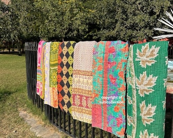 Indian Vintage Cotton Kantha Quilts Handmade Sari Kantha Throw Blankets Sun Dance Beautiful Bohemian Bedding Blankets