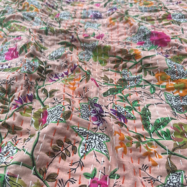 Bohemian Decor Indian Handmade Quilt Cotton Throw Coverlets Hippie Stitched Bedspread Boho Floral Paradise Bedcover Reversible Queen Quilt