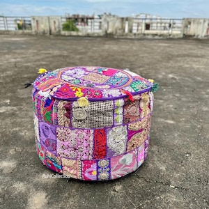 Pouf Ottoman Cover,Modern Embroidered Pouf Cover,Boho Ottoman Décor, Handmade pouf stool, large and round floor Pillow, Meditation cushion