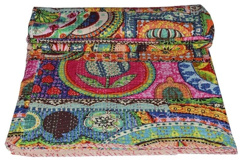 Indian Handmade Kantha Quilt Queen Size Traditional Print - Etsy