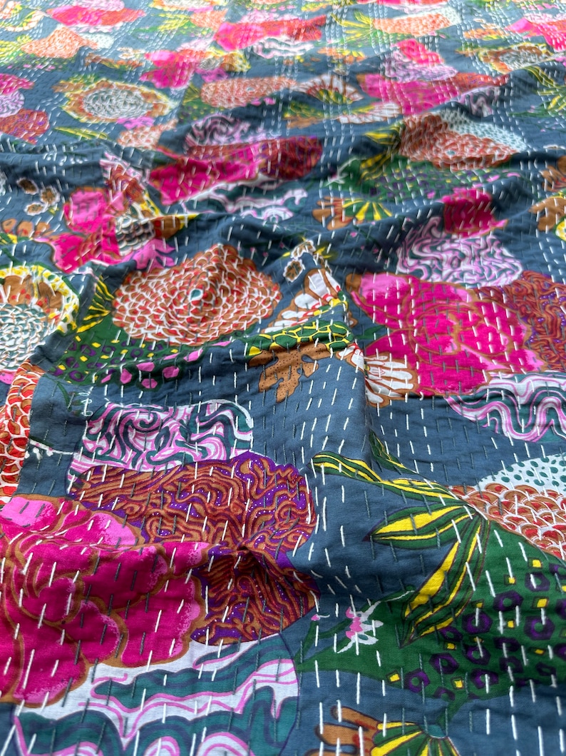 Green Kantha Quilt in Queen Size Bohemian Kantha Blanket Indian Handmade Kantha Bedding Coverlets Quilts For Sale and Gifts Quilted Covers Gray