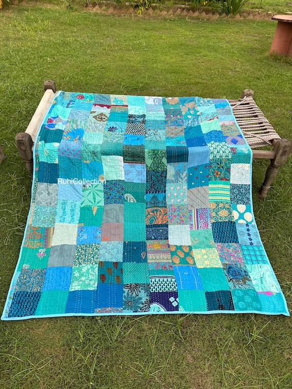 Manta Reversible étnica Kantha Hecha A Mano - Algodón, 274x274 Cm, Estilo Bohemio Indio