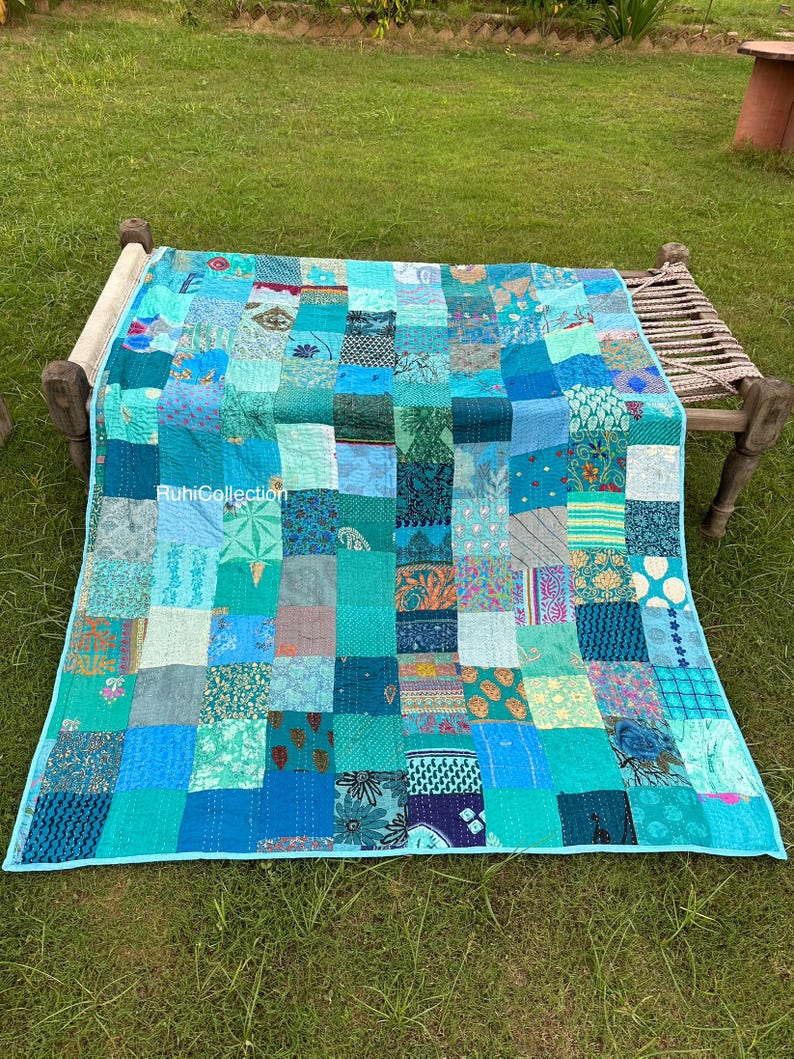 Bohemian Patchwork Quilt Kantha Quilt Handmade Vintage Quilts Queen