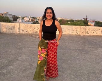 Lote al por mayor de pantalones Kantha vintage de algodón hechos a mano, pantalones unisex indios bohemios Kantha