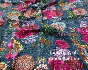 Kantha Quilt Indian Handmade Throw Reversible Blanket Bedspread Cotton Fabric BOHEMIAN boho quilt chic bedding coverlets