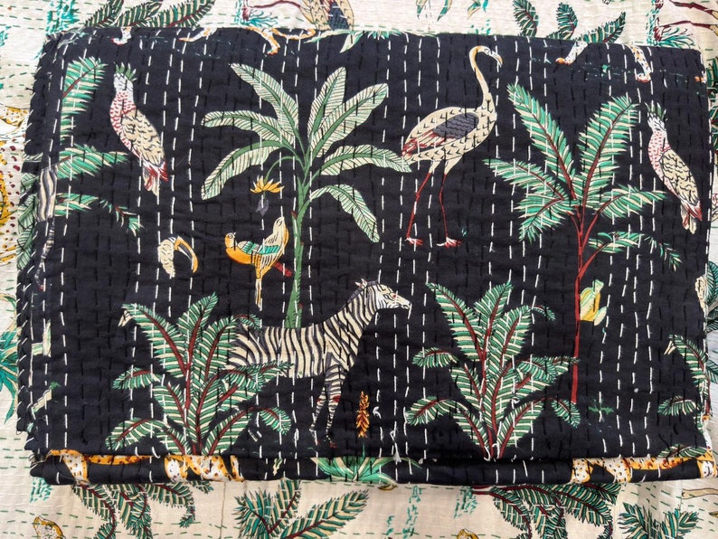 Nouvelle impression couette Kantha indienne faite main Couvre-lit Kantha indien Couvre-lit indien Kantha jeté couverture en coton Gudari Kantha King Couette à vendre, cadeau Noir