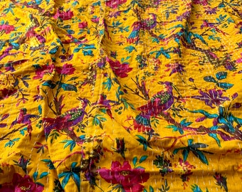 Bohemian Mango Cotton Kantha Blanket Indian King Size Reversible Handmade Gudri Bohemian Made Decorative Coverlets Quilting Bed Covers