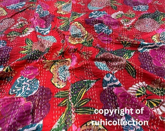 Floral Kantha Quilt Indian Handmade Throw Reversible Blanket Bedspread Cotton Fabric BOHEMIAN boho quilt chic bedding coverlets Gift For Her