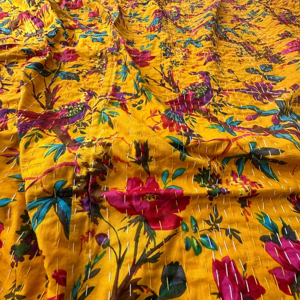 Indian Mango Kantha Quilt King Handmade Kantha Bed Cover Throw Reversible Blanket Bedding Pure Cotton Throw Bedding Set Hand Stitched Quilts