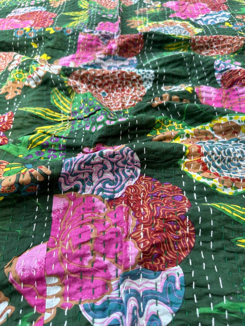 Green Kantha Quilt in Queen Size Bohemian Kantha Blanket Indian Handmade Kantha Bedding Coverlets Quilts For Sale and Gifts Quilted Covers Mehndi Green