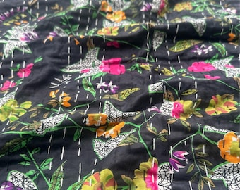 Indian Hand Block Print Kantha Quilt Cotton Handmade Queen Kantha Throw Blanket Bedspread