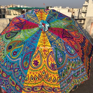 Boho Patchwork Trädgårdsparasoll | Färgglad Uteplats Solskydd | Indiskt Mandala Mönstrat Däckparasoll Solskyddsparasoll