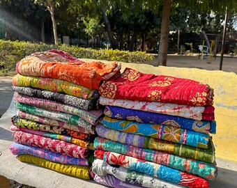 Lot de gros lot d'édredon kantha vintage indien fait main jeté couverture réversible couvre-lit coton tissu boho couette