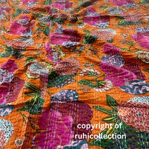 ORANGE Kantha Quilt in Queen Size Bohemian Kantha Blanket Indian Handmade Kantha Bedding Coverlets Quilts For Sale and Gifts Quilted Covers