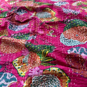 Green Kantha Quilt in Queen Size Bohemian Kantha Blanket Indian Handmade Kantha Bedding Coverlets Quilts For Sale and Gifts Quilted Covers Pink