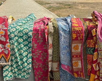 Vintage Assorted One Piece, Handmade Reversible Blanket Throw, Kantha Quilt, Cotton Fabric Bohemian Quilting Bedcover