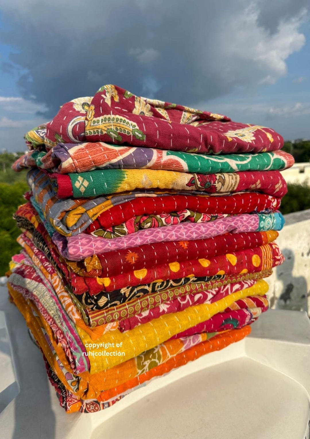 YUVANCRAFTS Indian Hand Block Floral Print Kantha Quilt Handmade