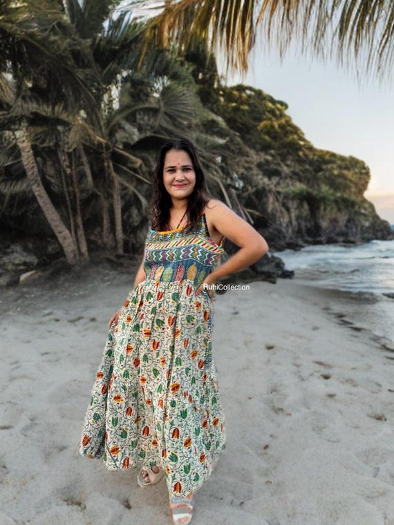 Handmade Kantha Maxi Dress Women – Boho Hippie Clothing, Upcycled Cotton, Vintage Sari Patchwork, Adjustable Fit, Festival Wear