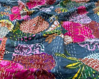 Floral Print Kantha Quilt Indian Pure Cotton Kantha Throw Queen Size Handmade Quilt Blanket Quilting For Sale And Gift Quilted