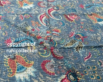 Handmade Floral Kantha Quilt Indian Kantha Quilt Kantha Bedcover Cotton Blanket Gudari