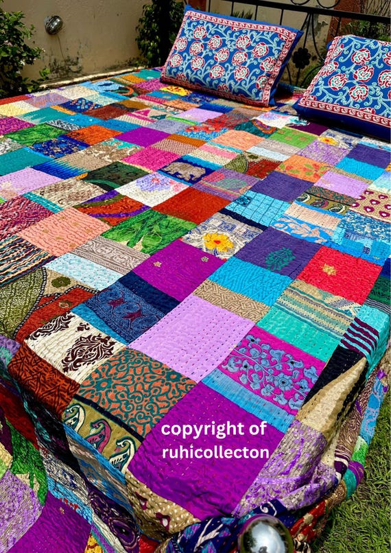 Coperta Trapuntata In Cotone Indiano Fatto A Mano – Kantha Floreale Bohémien – 152x228 Cm – Letto Matrimoniale