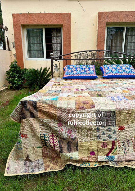 Indian Handmade Cotton White Bird Print Kantha Quilt Queen