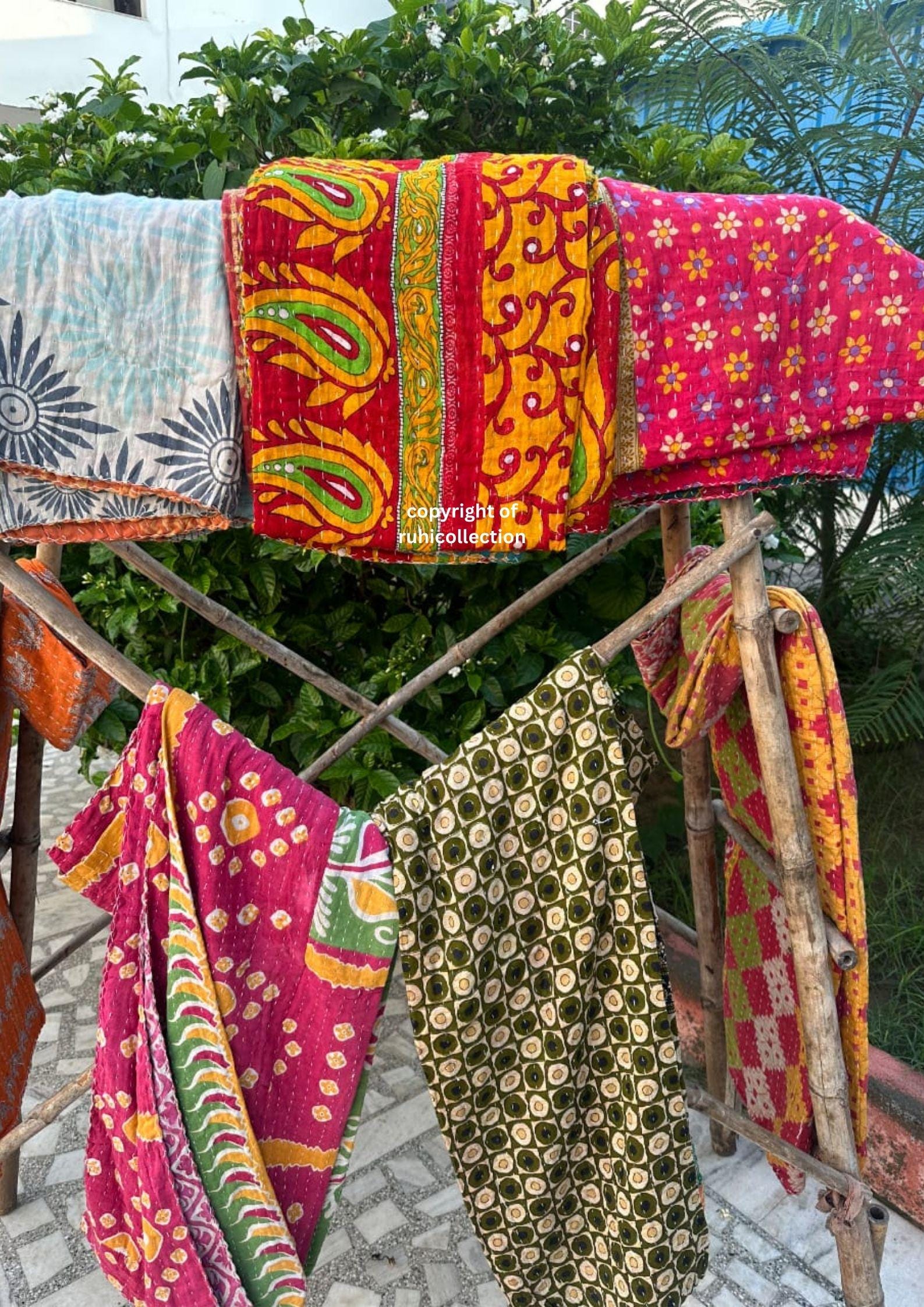 YUVANCRAFTS Kantha Couvre-lit indien fait à la main avec imprimé