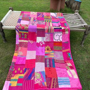Recycled Indian Sari Silk Patchwork Blanket,Handmade Kantha Quilt