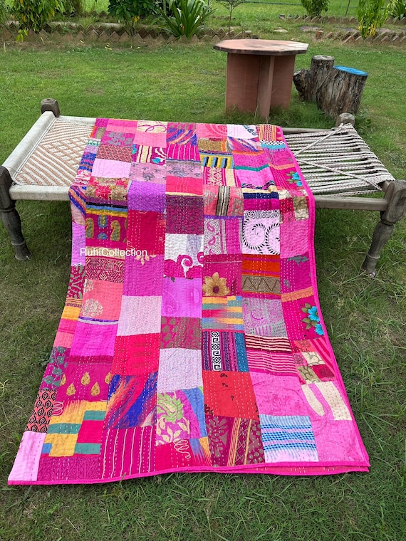 古着 ビンテージ 50s 60sシルク パッチワーク ブランケット ハンドメイド ハンドメイドのヴィンテージシルクパッチワークキルト、カンタキング