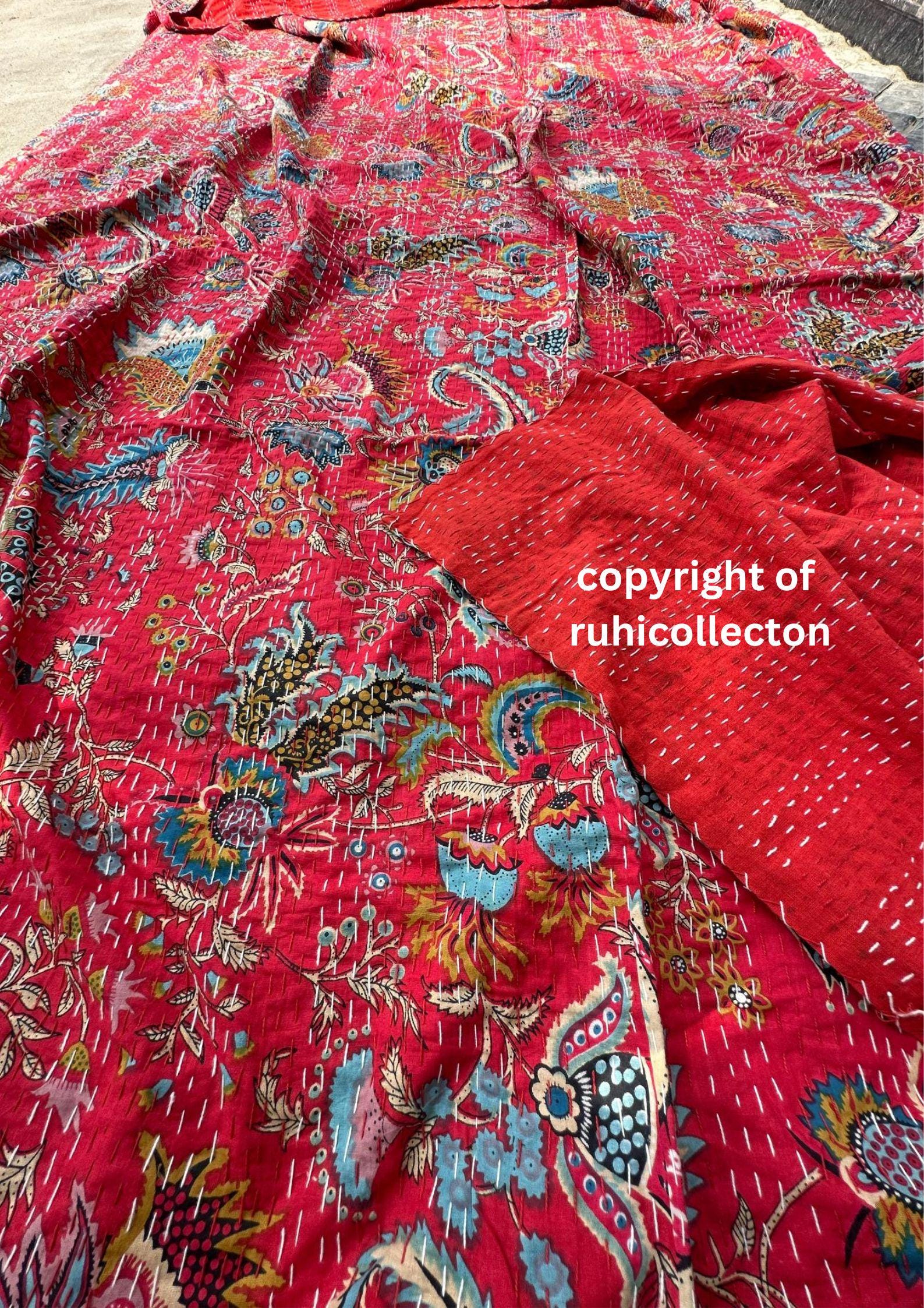 Indian Kantha Quilt Handmade Kantha Bedcover Bedding Kantha Bedspread Throw Cotton Blanket Gudari Kantha King Size Hand Stitched Sofa Quilts