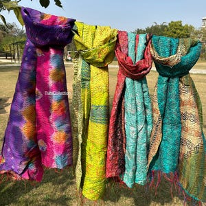 Scarves Indian Art silk shawls kantha scarf for women Quilt scraps Hippie Boho Vintage Handmade Scarf