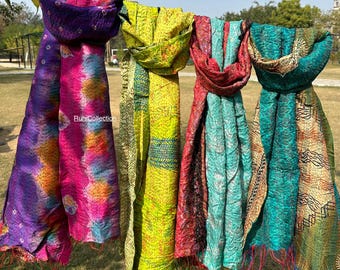 Scarves Indian Art silk shawls kantha scarf for women Quilt scraps Hippie Boho Vintage Handmade Scarf