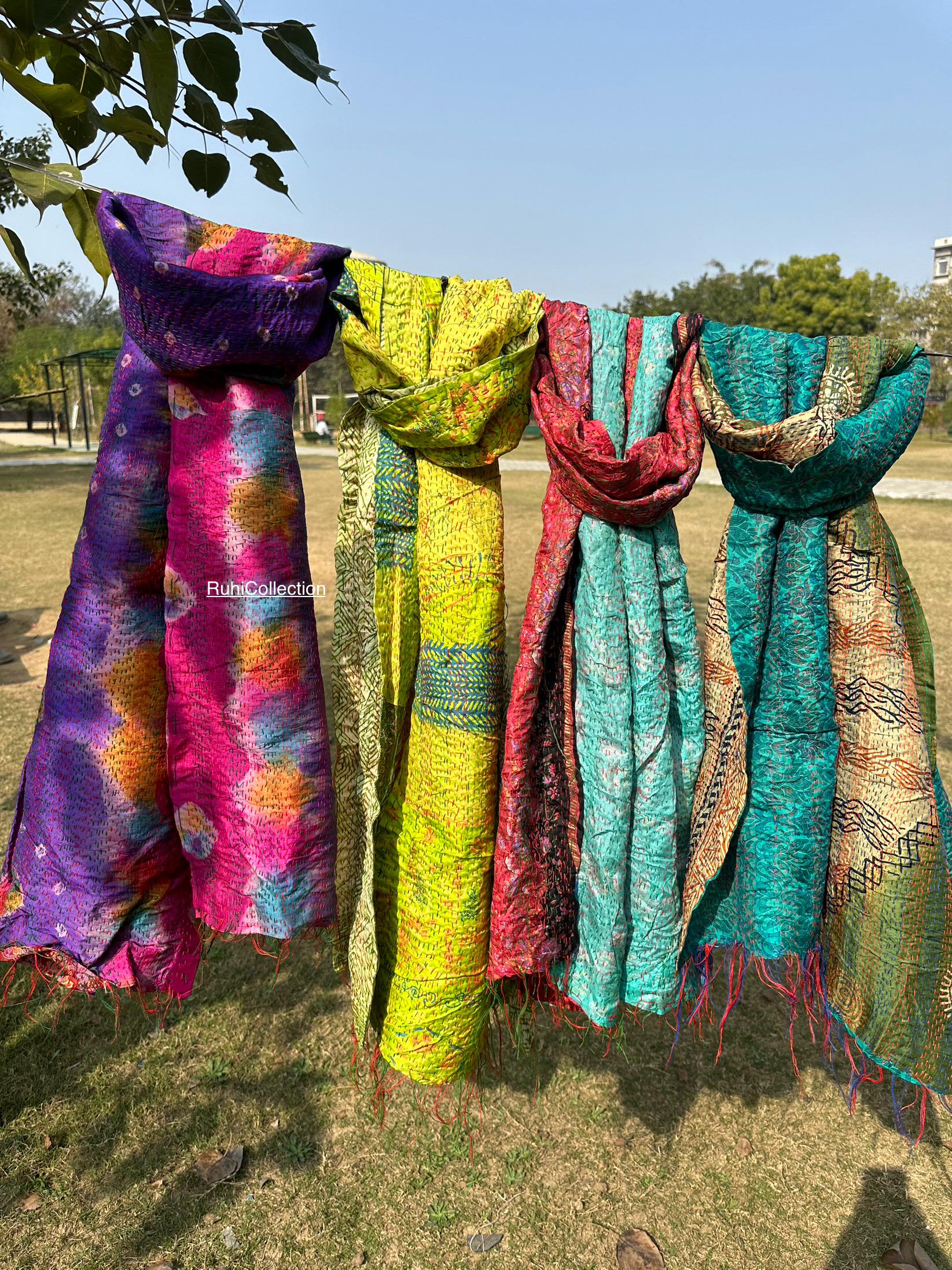 Scarves Indian Art Silk Shawls Kantha Scarf for Women Quilt Scraps