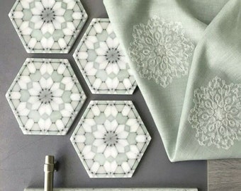 FULL TILE PATTERN: Medina Soft Green, Non-Slip Moroccan Patterned Porcelain Cement Tiles Wall and Floor Tiles