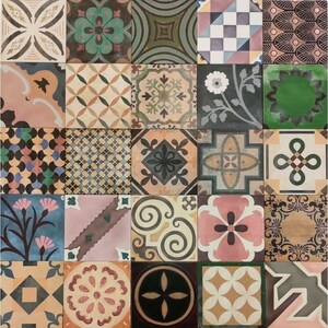 May include: A collection of 16 colorful ceramic tiles with intricate geometric and floral patterns. The tiles are arranged in a grid pattern and feature a variety of colors, including blue, green, pink, yellow, and brown.