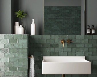 Full Tile Pattern: Dordogne Green Pines Rustic Glossy Wall Tiles 7.5cm x 15cm