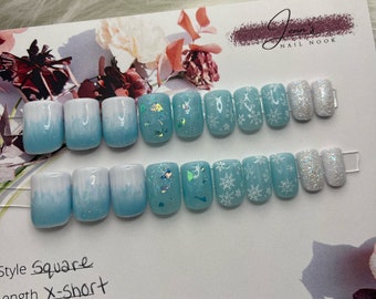 Snowflake Winter X-Short Square 20 piece set | Fake Nails | Reusable Press On Nails | Custom Press Ons | Canada Nails |US Nails