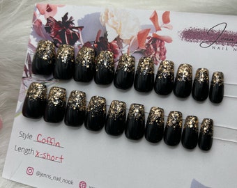 Black Gold Glitter Ombré X-Short Coffin 20 piece set | Fake Nails | Reusable Press On Nails | Custom Press Ons | Canada Nails |US Nails
