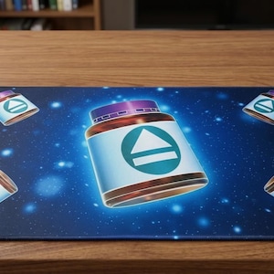 May include: A blue mousepad with a space theme featuring illustrations of pill bottles with a teal and white design. A bottle of Viagra is on the right. The mousepad is on a wooden desk.
