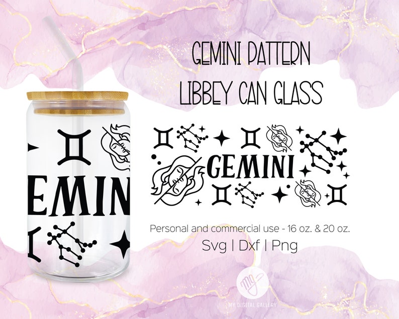 Gemini Zodiac Sign SVG 16 & 20 Oz Libbey Can Glass Cut File, Svg, Dxf