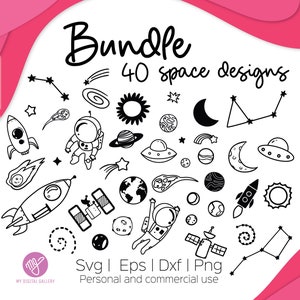 Peut inclure: Un ensemble de 40 illustrations en noir et blanc sur le thème de l'espace. L'ensemble comprend des fusées, des astronautes, des planètes, des étoiles et d'autres images liées à l'espace. Le texte "Bundle 40 space designs" est en haut de l'image. Le texte "Svg | Eps | Dxf | Png" et "Personal and commercial use" est en bas de l'image.