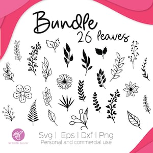 May include: A set of 26 black and white leaf and flower illustrations. The illustrations are in a simple, hand-drawn style. The text "Bundle 26 leaves" is at the top of the image.