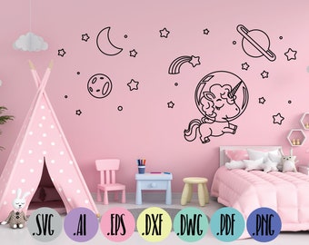 Unicorn in the space SVG | Wall decor svg | Cut file | Instant Download | Cricut | Silhouette Sublimation | Svg, Eps, Dxf, Png, PDF design
