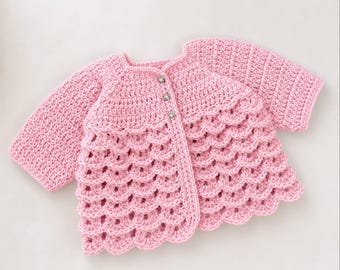 Crochet Baby Matinee Cardigan, PDF Pattern in English, 0-3 m, 3-6 m, Easy Crochet