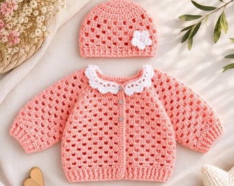 Crochet Baby Cardigan and Hat Set , PDF Pattern in English, 0-3 and 3-6 Months design