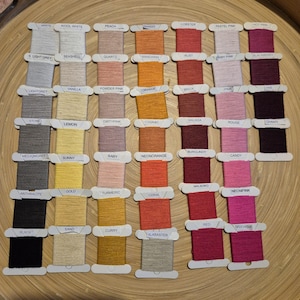 Könnte beinhalten: Eine Ansammlung farbiger Garnrollen, angeordnet auf einer Holzoberfläche. Die Rollen sind mit verschiedenen Farbbezeichnungen versehen, darunter "Schwarz", "Rot", "Gold" und "Babyrosa". Die Fäden sind eng gewickelt und zeigen eine Reihe von Farbtönen.